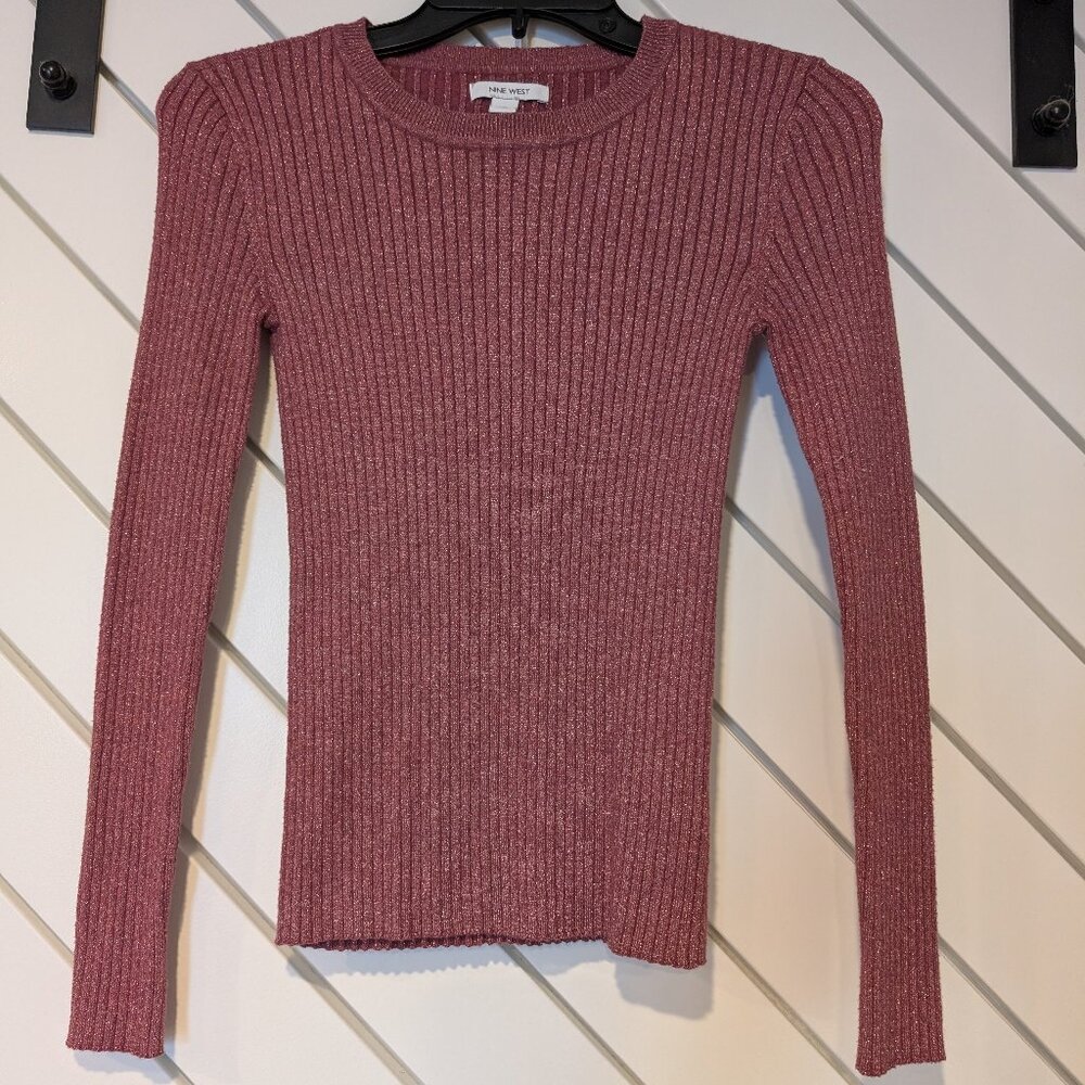Nine West Ribbed Pink Metallic Crewneck Sweater